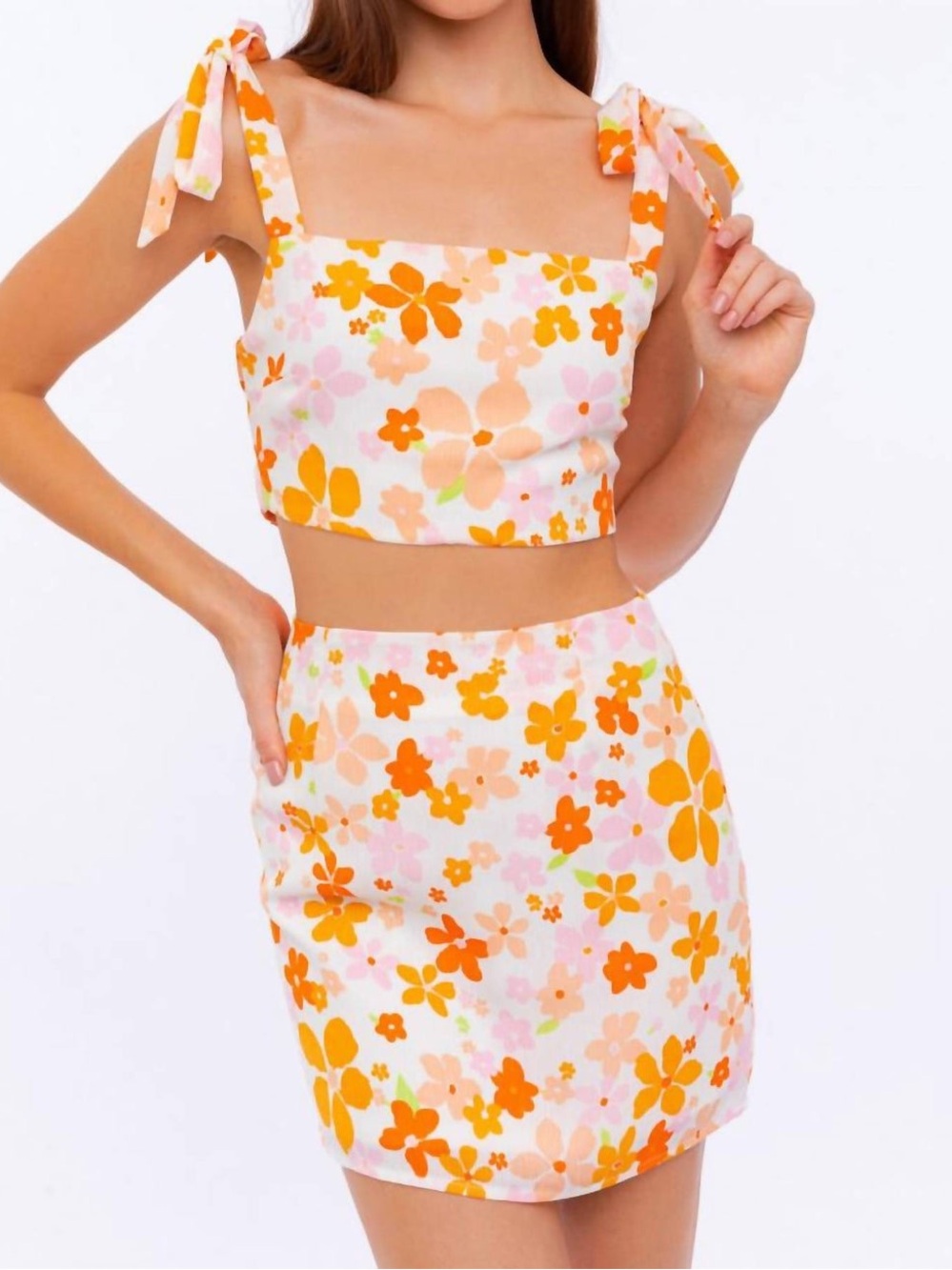 Le Lis Floral Tie-Shoulder Mini Skirt Set in Orange and Pink
